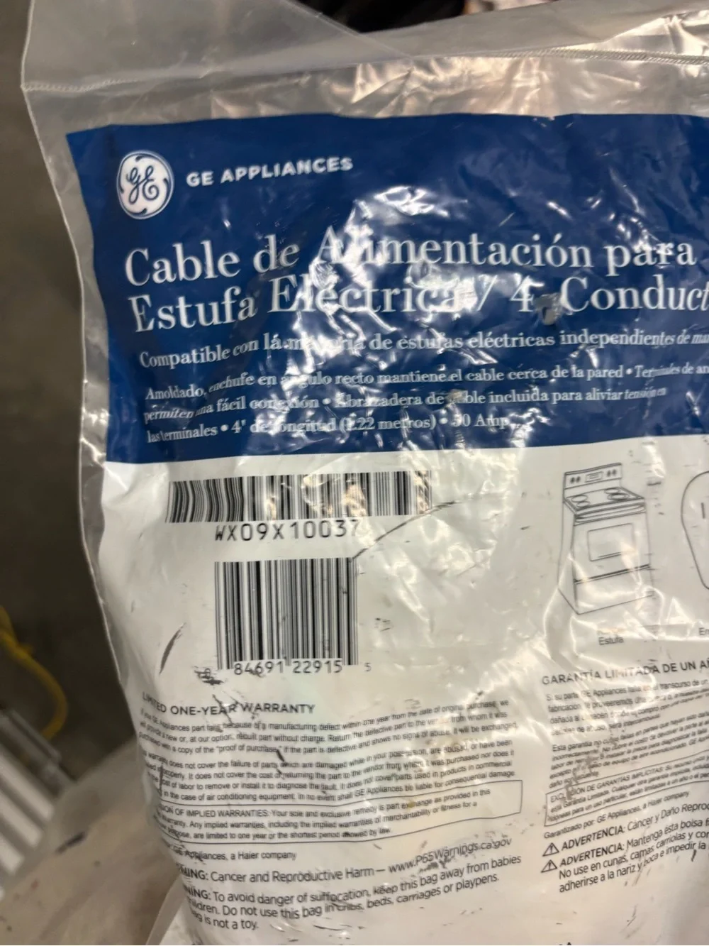 GE Range Power Cord 4-Wire 4 ft Black 125/250V Electric Oven/Stove WX09X10037